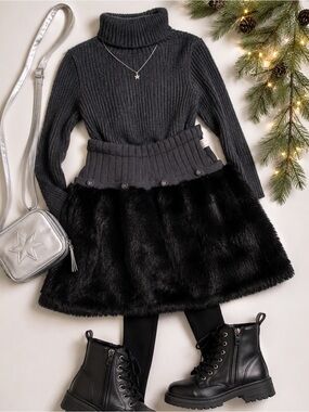little missmatched black faux fur skirt with knit waist girls xl